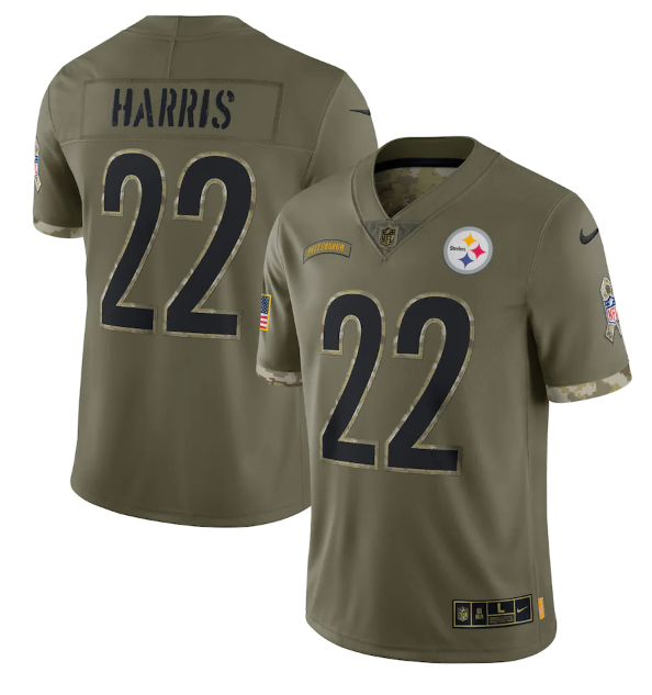 Men's Pittsburgh Steelers #22 Najee Harris Olive 2022 Salute To Service Limited Stitched Jersey